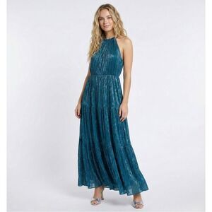 Ranna Gill Anthropologie Metallic Maxi Dress S Teal Halter Pleated Celestial